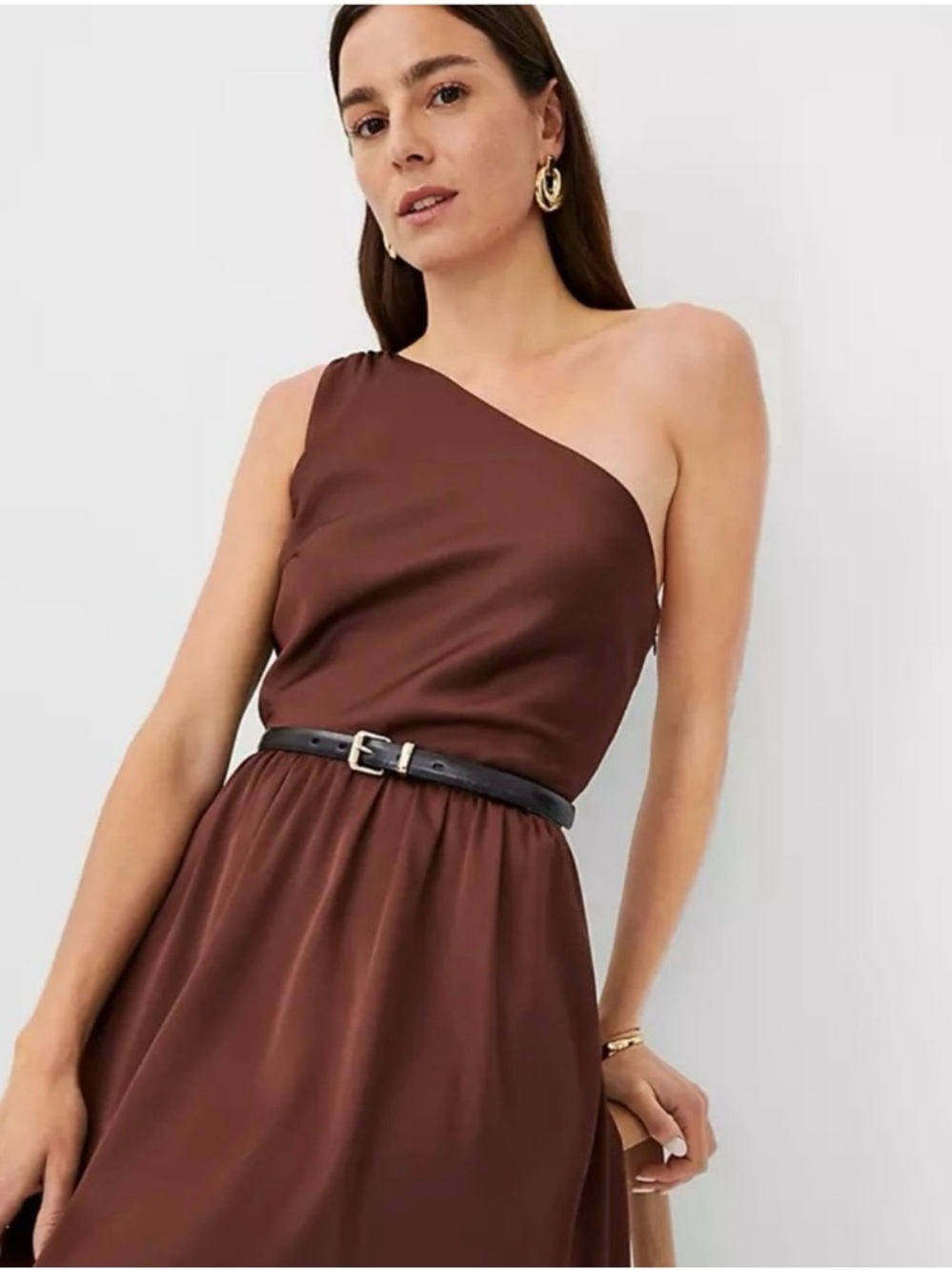 Ann Taylor One-Shoulder Chocolate Brown Satin Dress